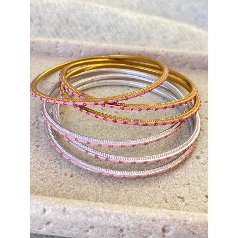 Thin Stackable Bangle Bracelets Set of 8 Gold & Silver Tones Pink Glitter Enamel